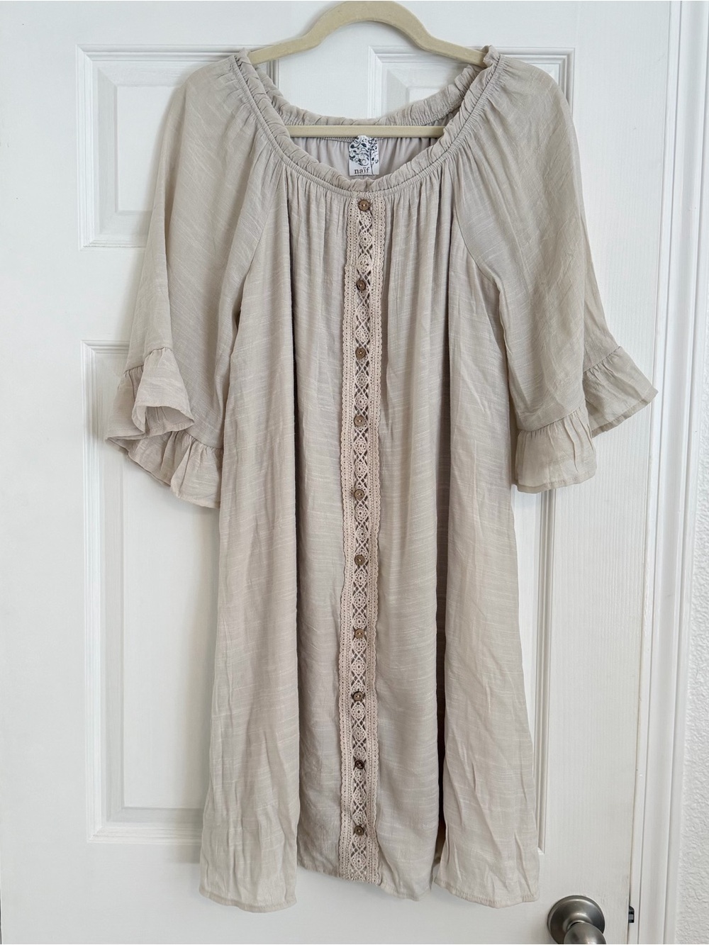 Naif Beige Boho Peasant Tunic Dress Crochet Lace Bell Sleeve Large